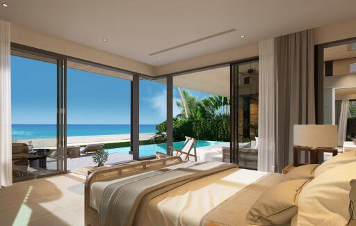 Modern bedroom with ocean view and patio access