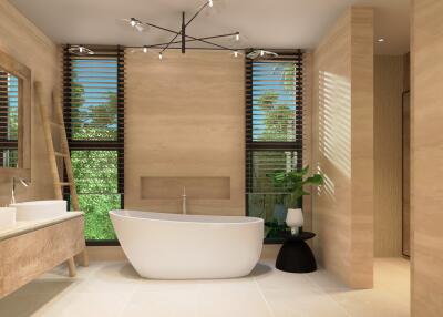 Modern bathroom with large freestanding tub and dual sinks