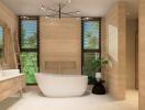 Modern bathroom with large freestanding tub and dual sinks