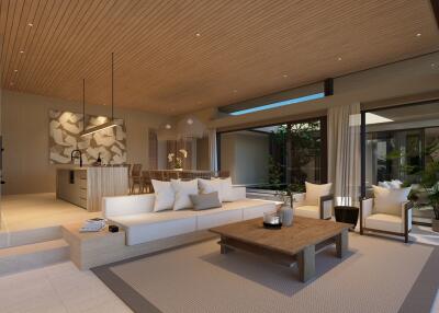 Spacious modern living room with open kitchen and dining area