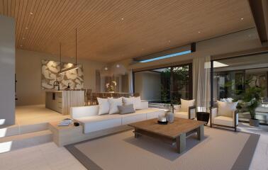 Spacious modern living room with open kitchen and dining area