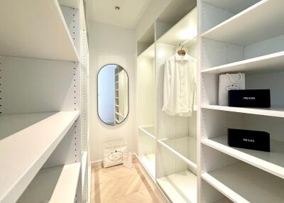 Modern walk-in closet with shelving and hanging space