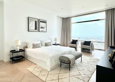 Modern bedroom with large window and city view