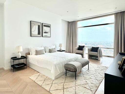 Modern bedroom with large window and city view