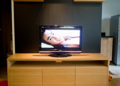 Modern living room with TV and shelving