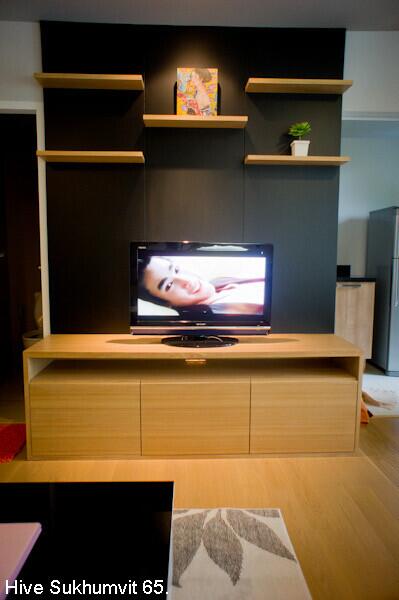 Modern living room with TV and shelving