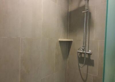 Modern shower space with overhead and handheld showerheads