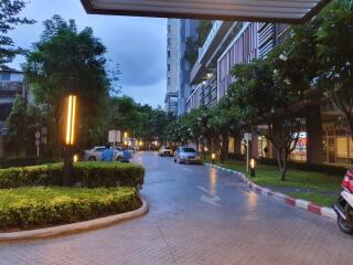 driveway and entrance to residential building with greenery and parked cars