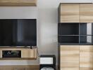 Modern living room with TV and storage units