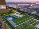 Rooftop garden with city view and outdoor lounge area