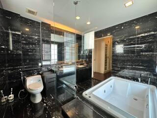 Luxurious bathroom with black marble walls and a glass-enclosed shower