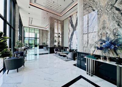 luxurious modern lobby with high ceilings