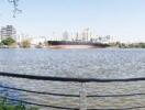 Panoramic view of a riverfront area with flags and cityscape