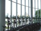 Well-equipped gym with a row of exercise bikes