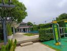 Outdoor fitness area and pool view