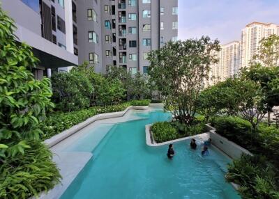 Outdoor pool area surrounded by greenery with modern apartment buildings in the background