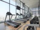 Modern gym with exercise equipment and city view