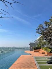 Rooftop pool with city view and seating area