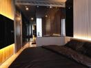 Modern bedroom with dark tones and ambient lighting