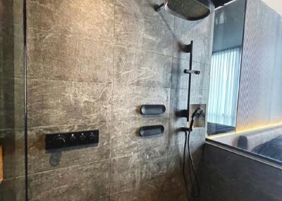 Modern bathroom with a large rain shower head and dark tiles