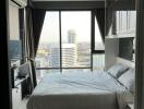 Modern bedroom with large window and city view