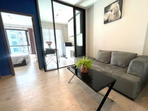 Modern living room with a sofa, coffee table, and a view of an adjacent bedroom and kitchen