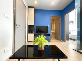 Modern living room with blue accent wall and black coffee table