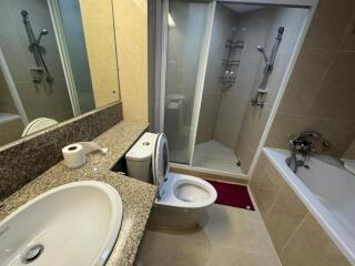 modern bathroom with shower, bathtub, and vanity