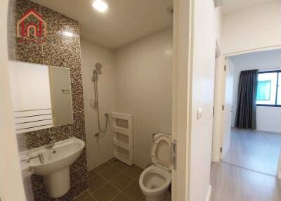 Modern bathroom with shower, sink, and toilet