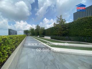 Outdoor area with pathway, greenery, and hedges