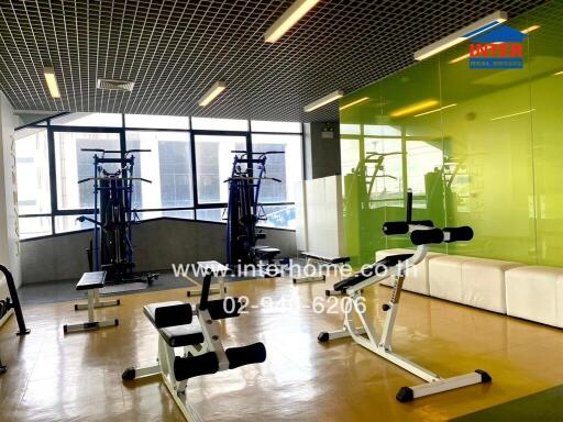 Modern gym with exercise equipment and large windows