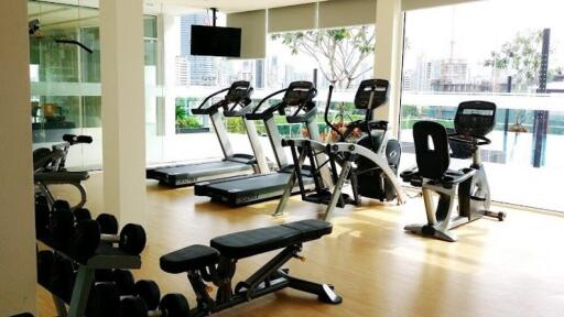 Modern fitness center with various exercise equipment