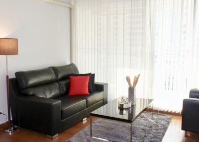 Modern living room with black sofa and glass coffee table