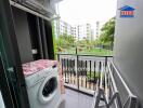 Balcony with a view of a garden and playground