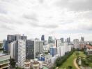 Panoramic view of a city skyline with buildings and a park