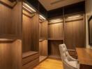 Spacious wooden walk-in closet with seating