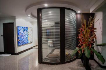 Modern hallway with frosted glass feature and decorative plant