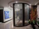 Modern hallway with frosted glass feature and decorative plant