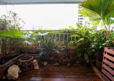 A green balcony with various plants and wooden flooring