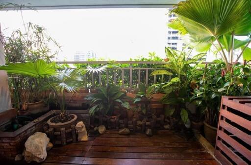 A green balcony with various plants and wooden flooring