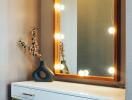 Bedroom vanity with mirror and lights