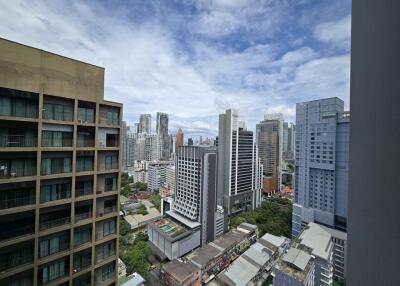 View of city buildings from a high floor