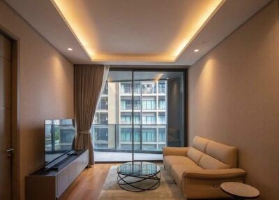 Modern living room with large window and balcony view