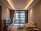 Modern living room with large window and balcony view