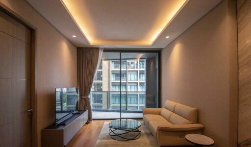 Modern living room with large window and balcony view