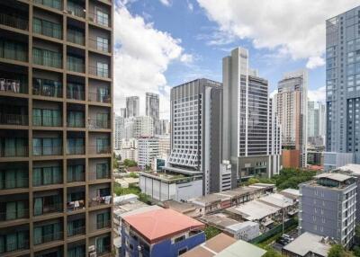 View of cityscape from building balcony