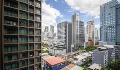 View of cityscape from building balcony