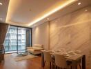 Modern living room with dining area and floor-to-ceiling window