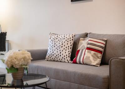 Modern living room with grey sofa and decorative pillows