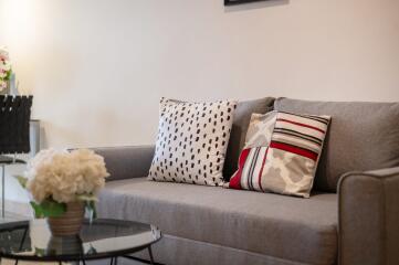 Modern living room with grey sofa and decorative pillows